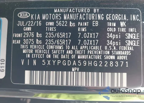 2017 Kia Sorento 3.3L Lx из США, поврежденный, VIN 5XYPGDA59HG228371